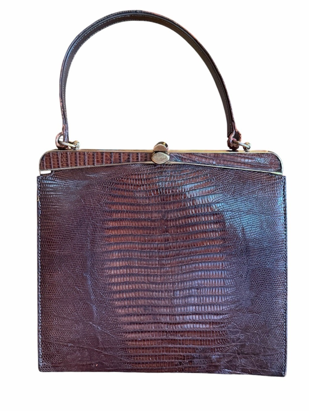 Vintage Marquise Lizard Skin Top Handle Handbag Brass Top Bar Kiss Lock Snap